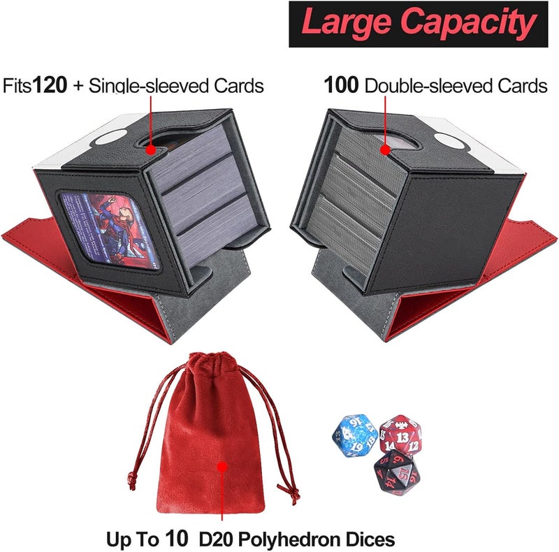 AFIING MTG Deck Box for Commander Display,Card Deck Case Fits 100 Double Sleeved Cards, Magic Commander TCG Card Storage Box with 2 Dividers,Dice Bag and 1 Toploader(Red Black) - Image 3
